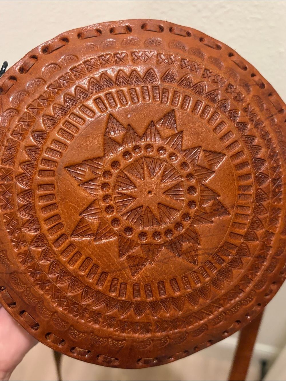 Hand-Tooled Round Crossbody Bag in Warm Tan